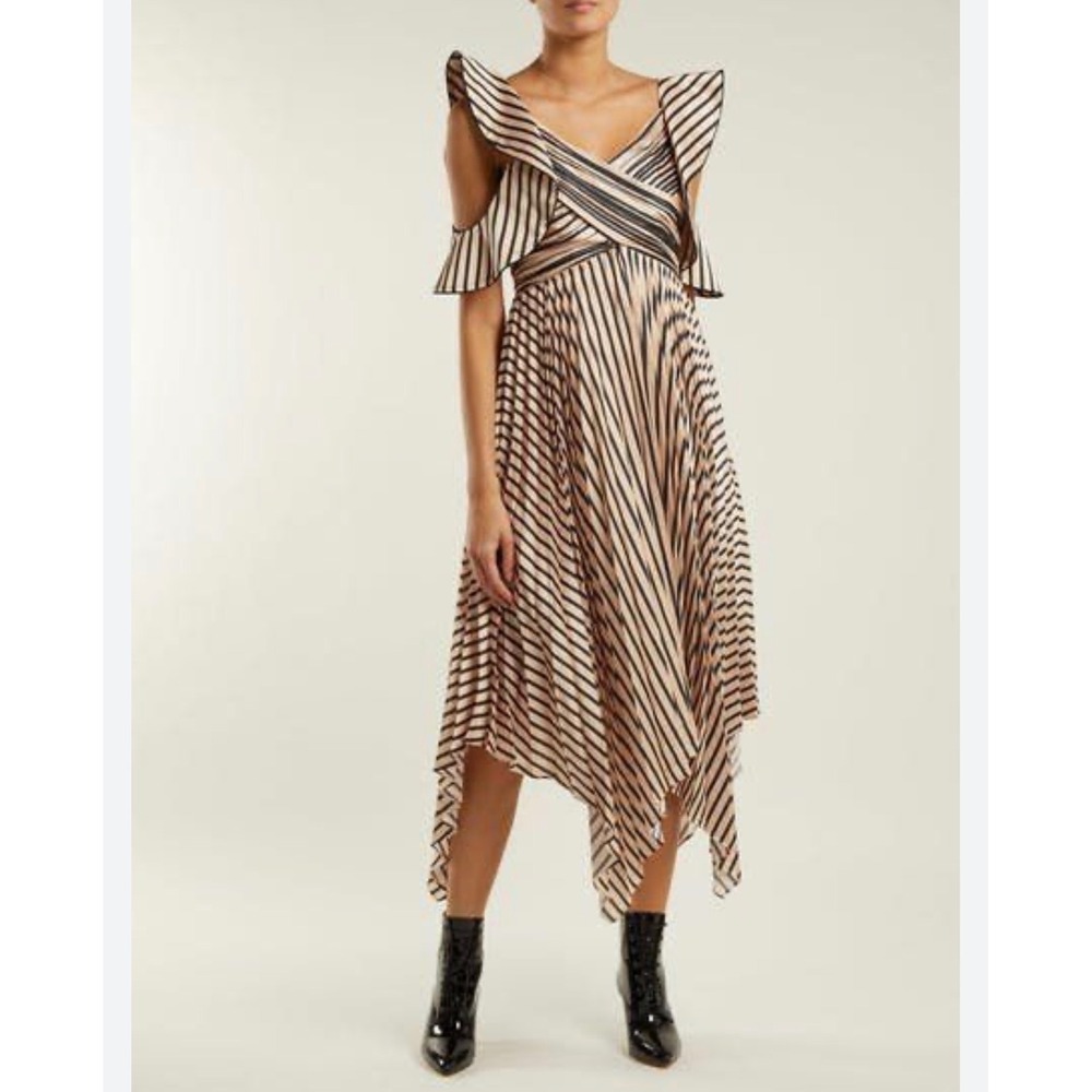 Self-Portrait Stripe Midi Dress Women 4 Nude Black Pleated Asymmetric Designer